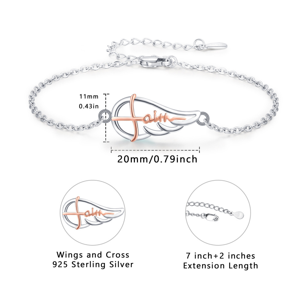 Sterling Silver Two-tone Angel Wing Charm Bracelet with Engraved Word-5