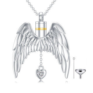 Sterling Silver Two-tone Cubic Zirconia Angel Wings Urn Necklace for Ashes-24