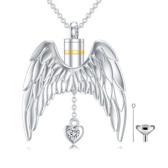 Plata de ley de dos tonos Cubic Zirconia Angel Wings Urna Collar para cenizas