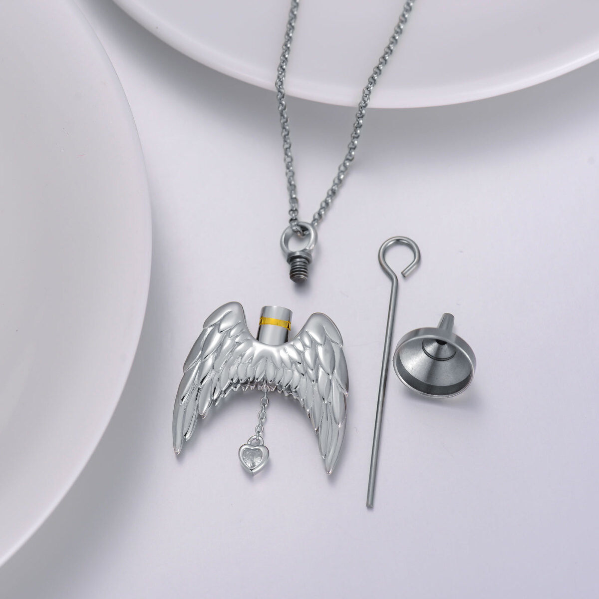 Sterling Silver Two-tone Cubic Zirconia Angel Wings Urn Necklace for Ashes-3