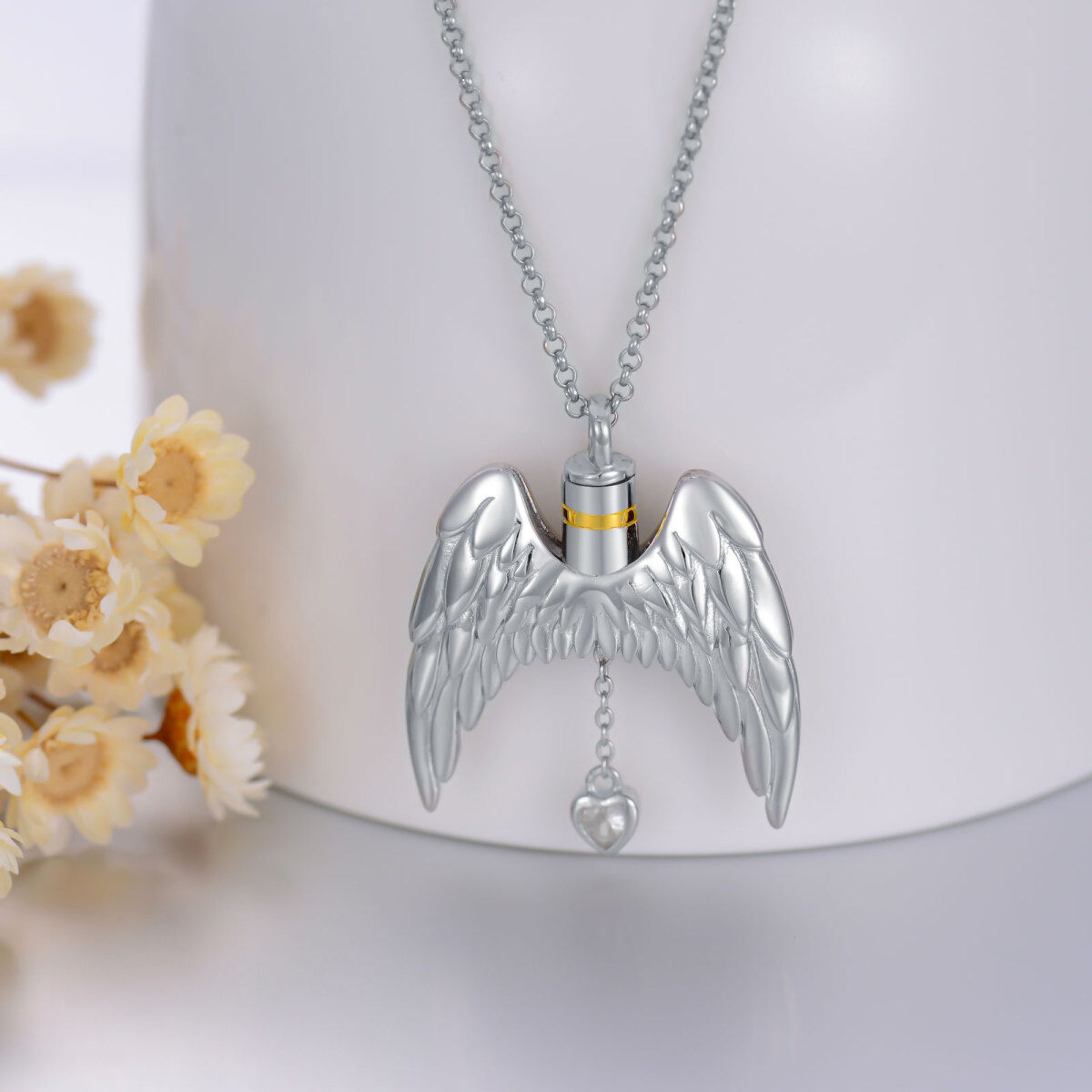 Plata de ley de dos tonos Cubic Zirconia Angel Wings Urna Collar para cenizas-4