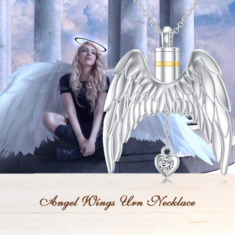 Sterling Silver Two-tone Cubic Zirconia Angel Wings Urn Necklace for Ashes-6
