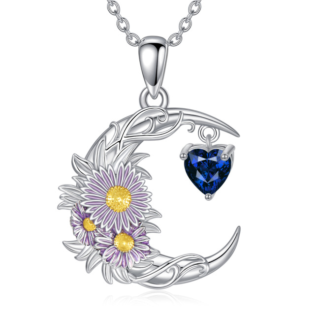 Sterling Silver Two-tone Cubic Zirconia Aster & Birth Flower & Moon Pendant Necklace-1