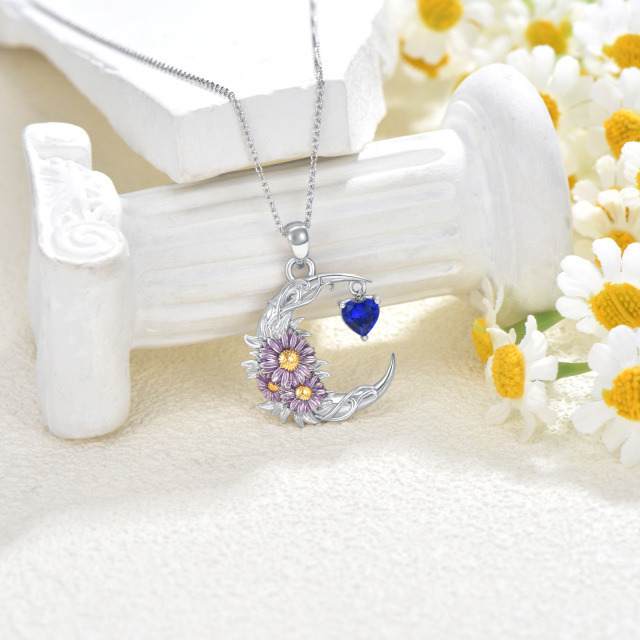 Sterling Silver Two-tone Cubic Zirconia Aster & Birth Flower & Moon Pendant Necklace-3