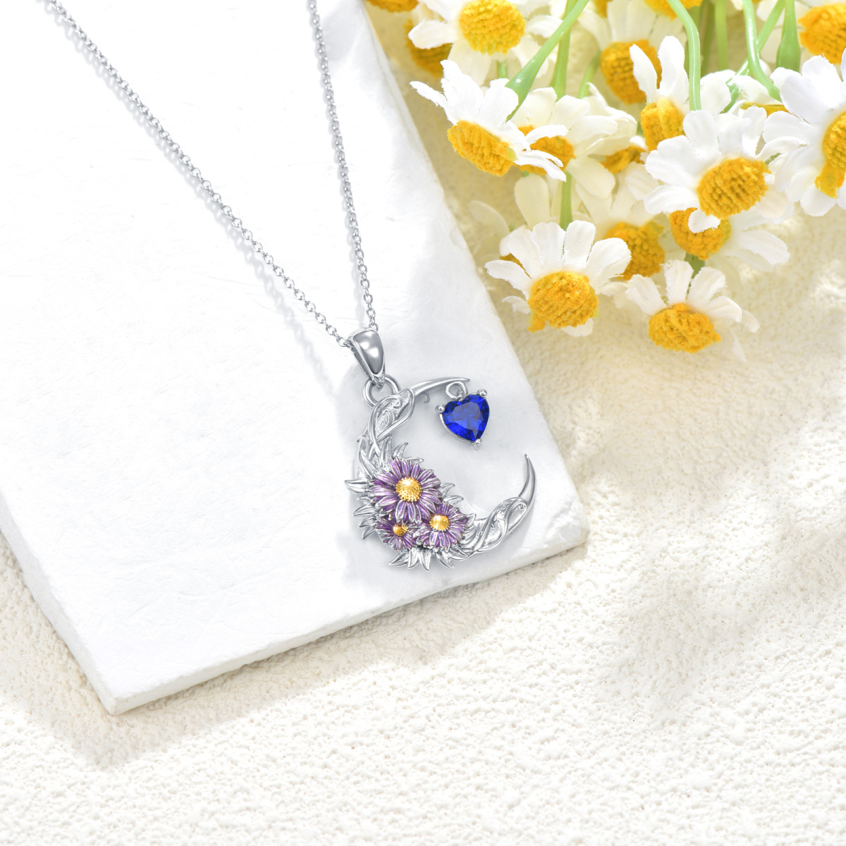 Sterling Silver Two-tone Cubic Zirconia Aster & Birth Flower & Moon Pendant Necklace-4