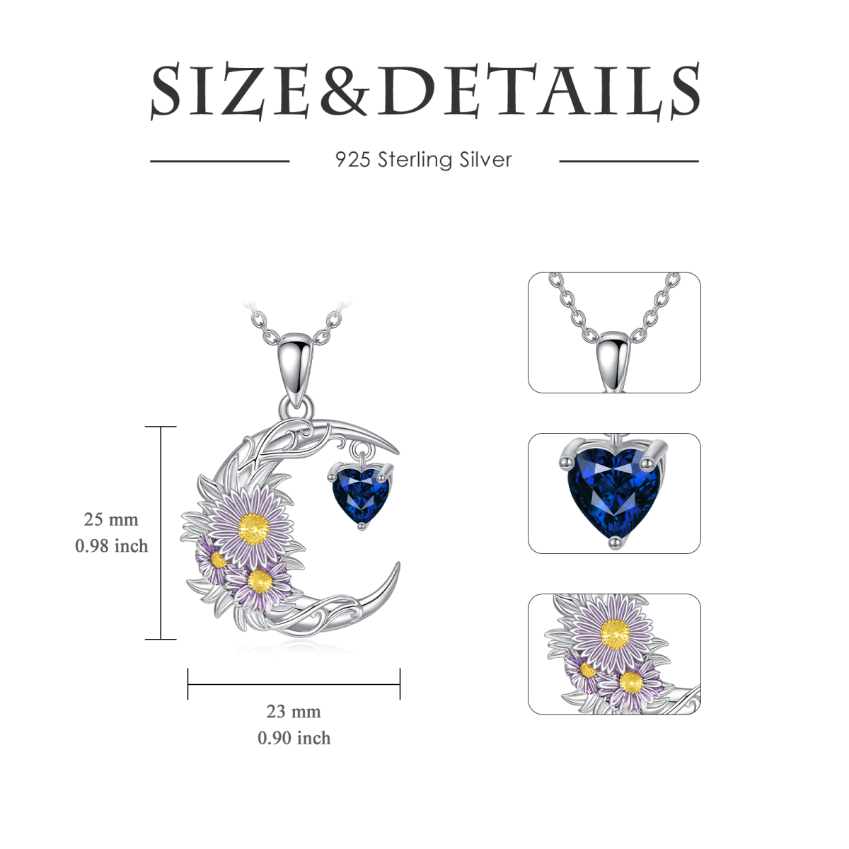 Sterling Silver Two-tone Cubic Zirconia Aster & Birth Flower & Moon Pendant Necklace-5