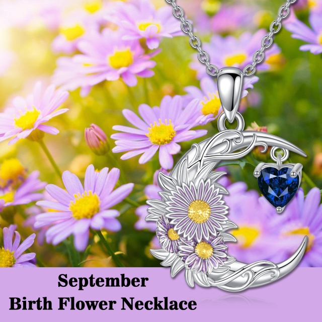 Sterling Silver Two-tone Cubic Zirconia Aster & Birth Flower & Moon Pendant Necklace-6