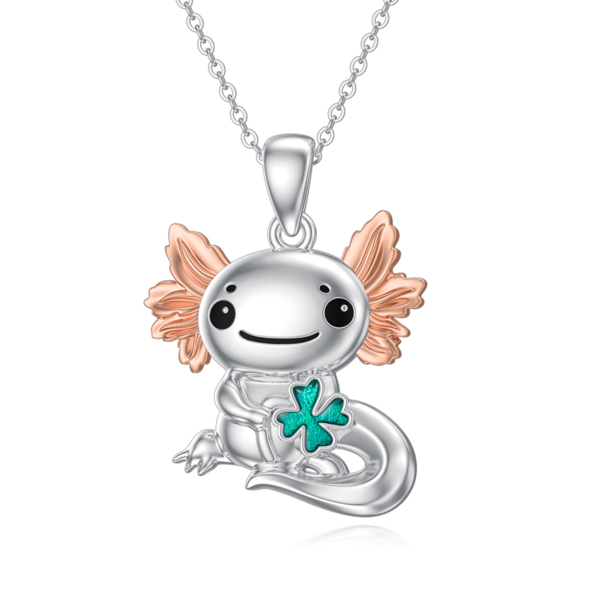 Collar de plata de ley con colgante de axolotl y trébol de cuatro hojas en dos tonos-1