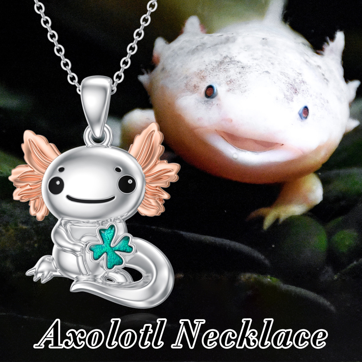 Sterling Silber zweifarbig Axolotl & vierblättrige Kleeblatt-Anhänger Halskette-5