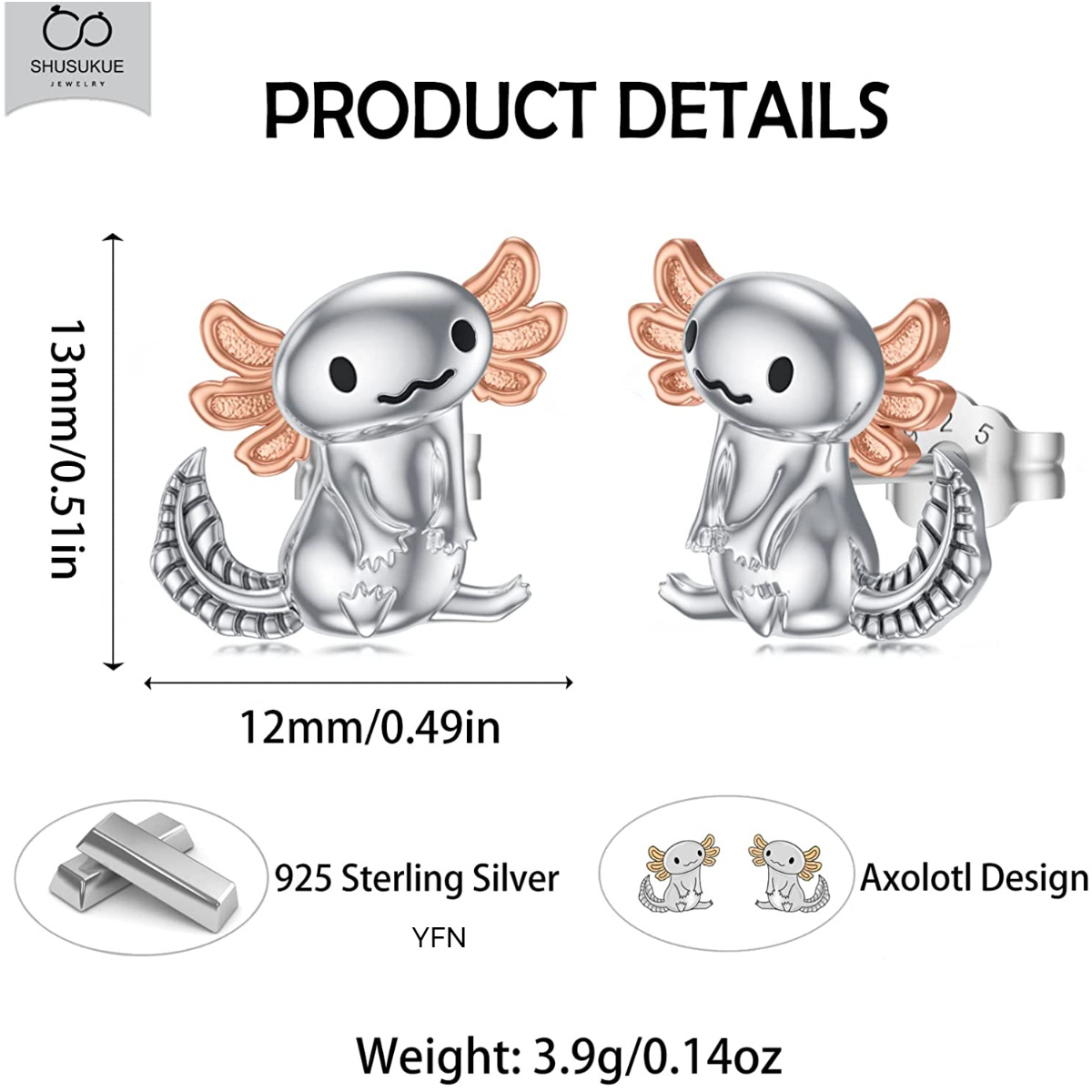 Boucles d'oreilles Axolotl en argent sterling bicolore-6