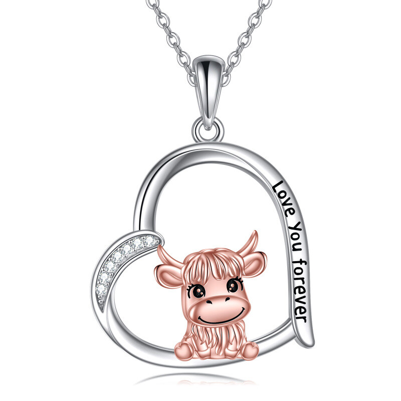 Plata de ley de dos tonos bebé Highland Vaca Colgante Collar Corazón con la palabra grabada