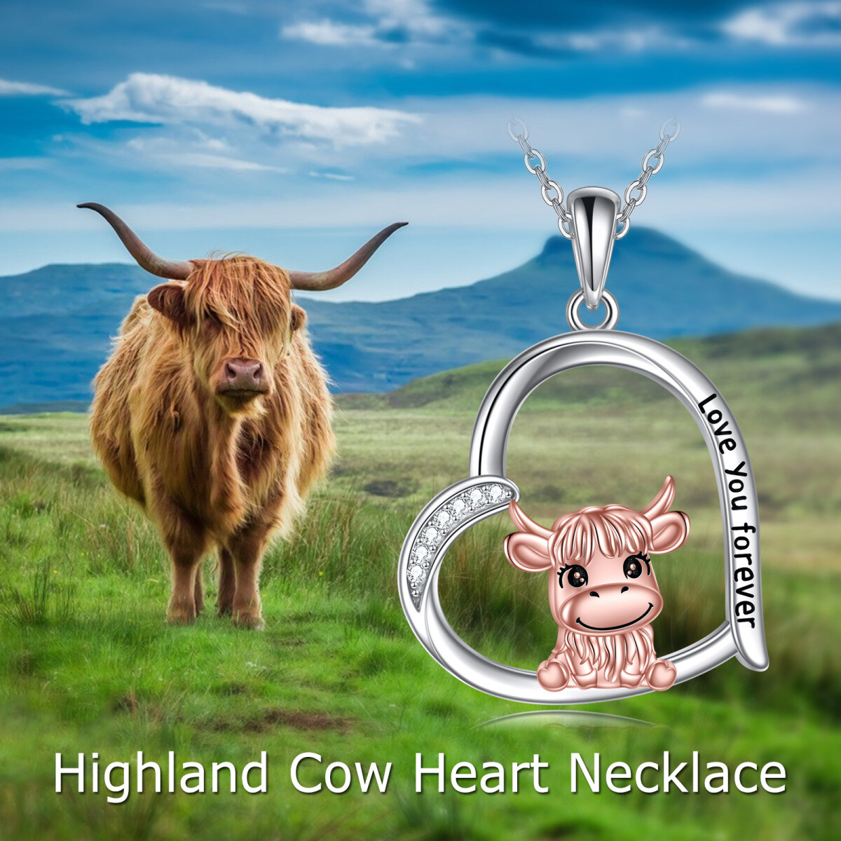 Sterling Silver Two-tone Baby Highland Cow Heart Pendant Necklace with Engraved Word-3