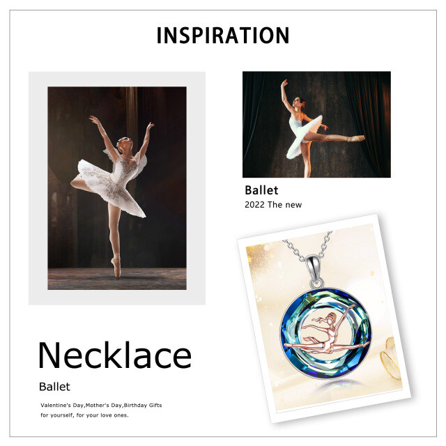 Sterling Silver Two-tone Ballet Dancer & Heart Crystal Pendant Necklace with Engraved Word-8