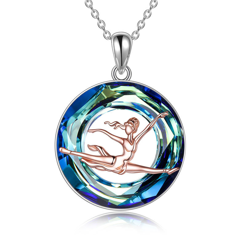 Sterling Silver Two-tone Ballet Dancer Crystal Pendant Necklace with Engraved Word-14