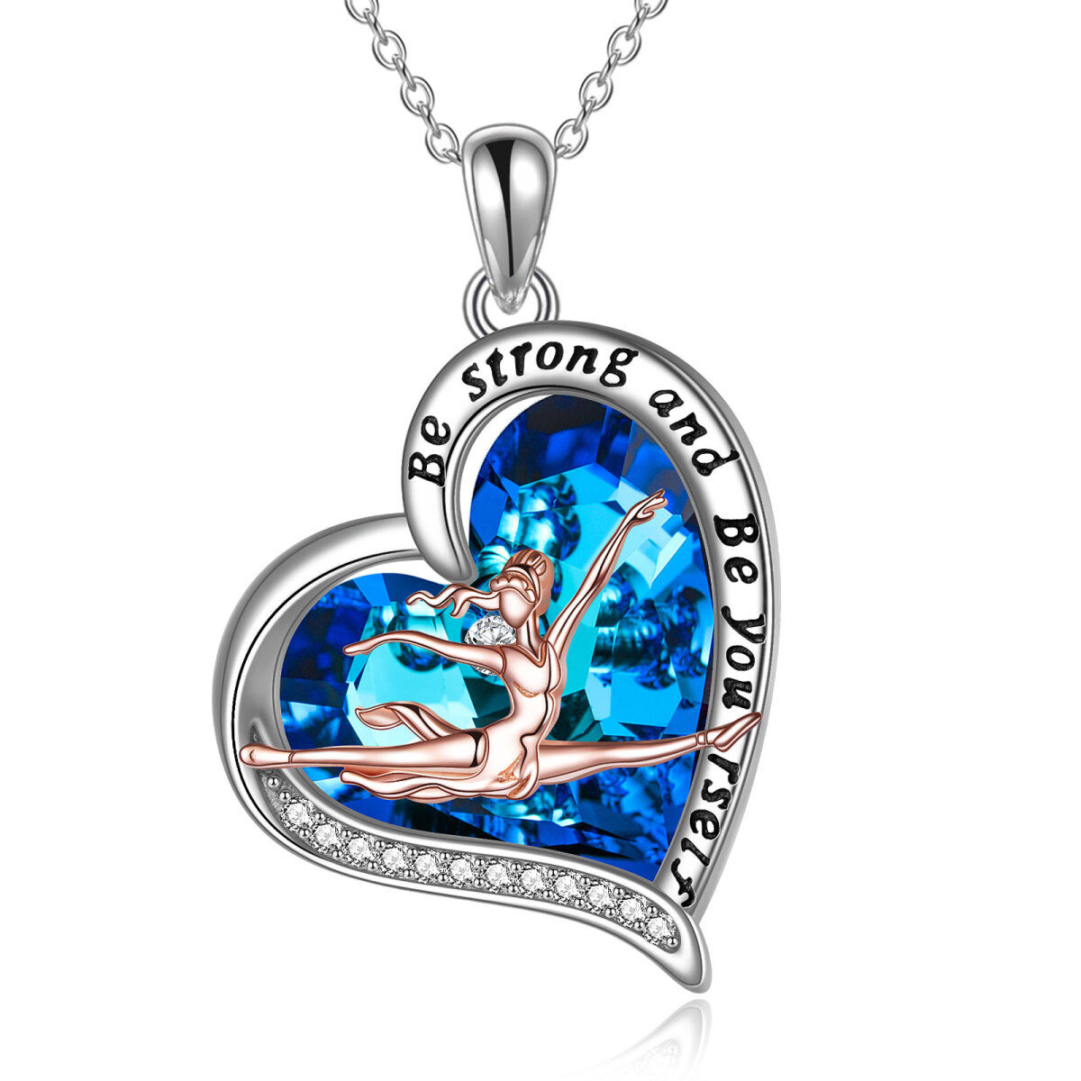 Sterling Silver Two-tone Ballet Dancer & Heart Crystal Pendant Necklace with Engraved Word-1