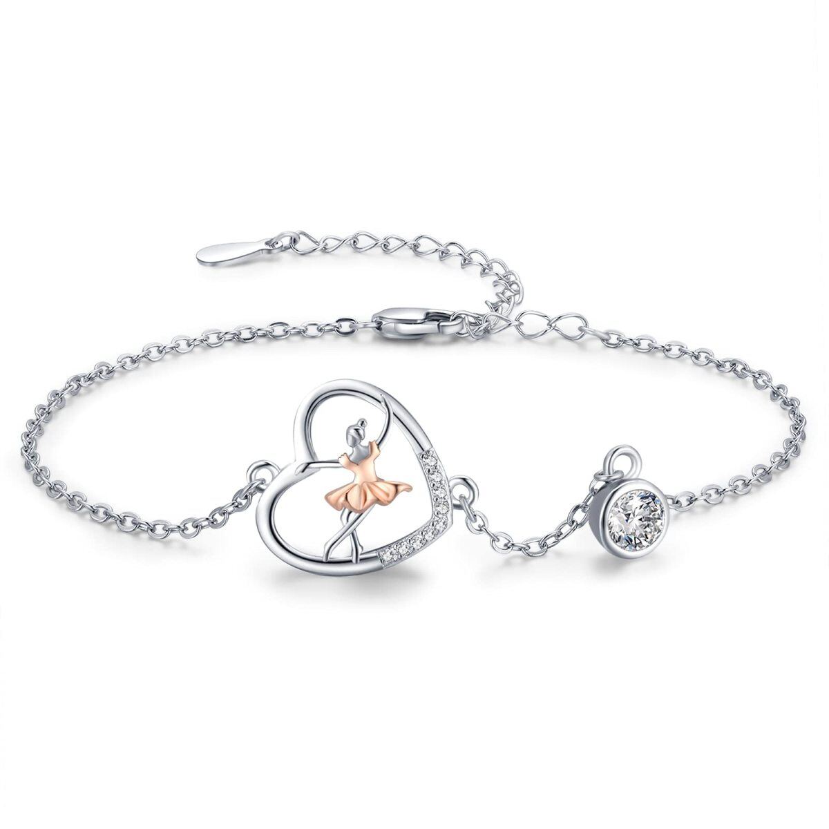 Sterling Silver Two-tone Cubic Zirconia Ballet Dancer & Heart Pendant Bracelet-1