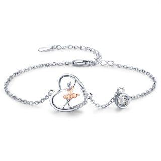 Sterling Silver Two-tone Cubic Zirconia Ballet Dancer & Heart Pendant Bracelet-1