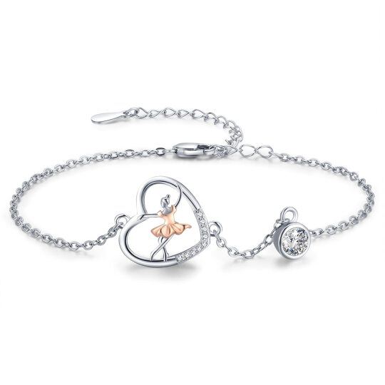 Sterling Silver Two-tone Cubic Zirconia Ballet Dancer & Heart Pendant Bracelet