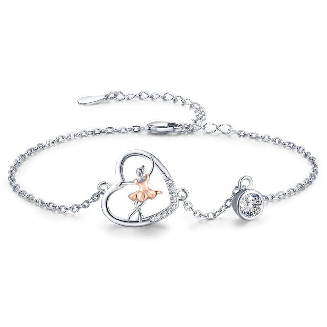 Sterling Silver Two-tone Cubic Zirconia Ballet Dancer & Heart Pendant Bracelet-2