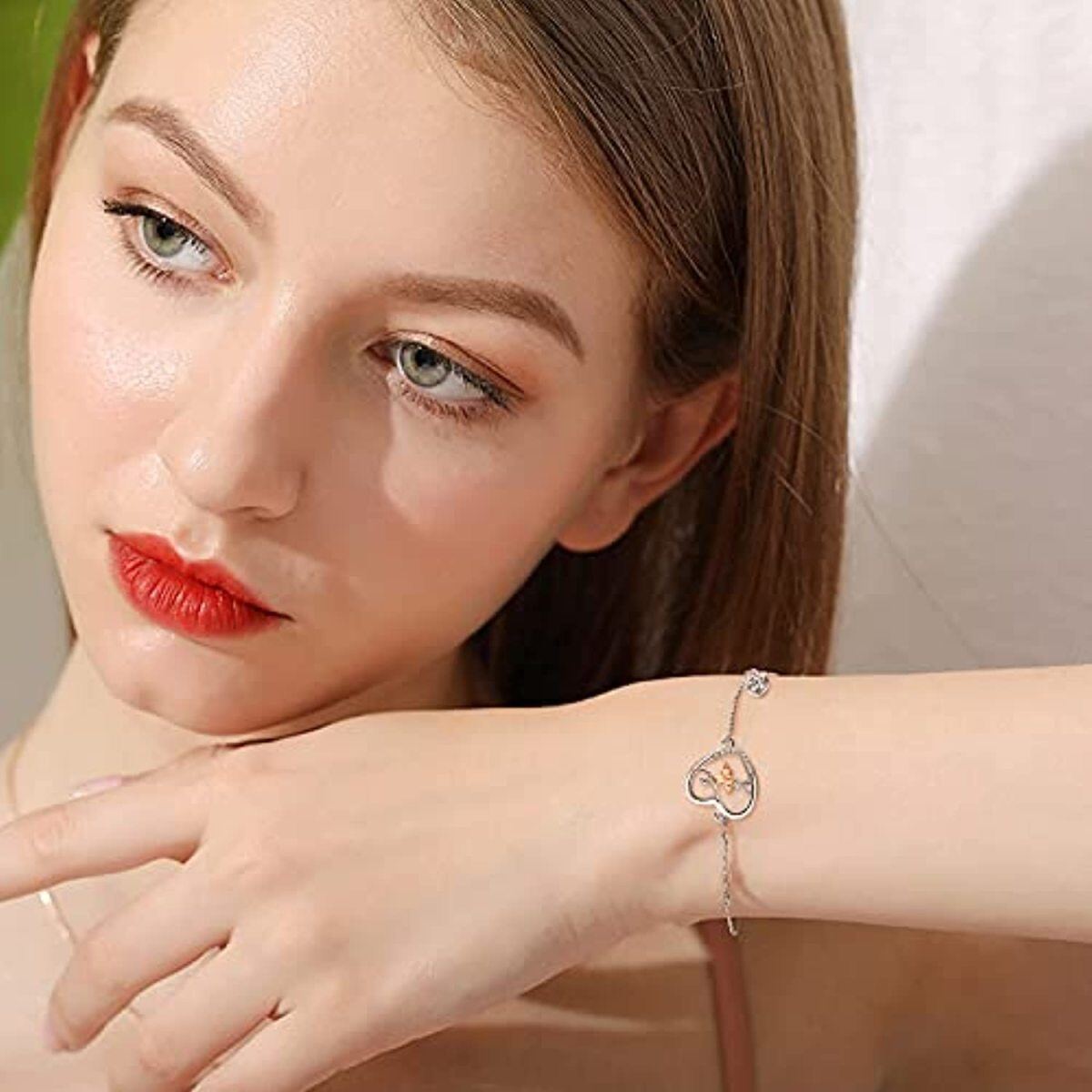 Bracelet en argent sterling bicolore avec pendentif cœur et danseuse de ballet en zircon c-3