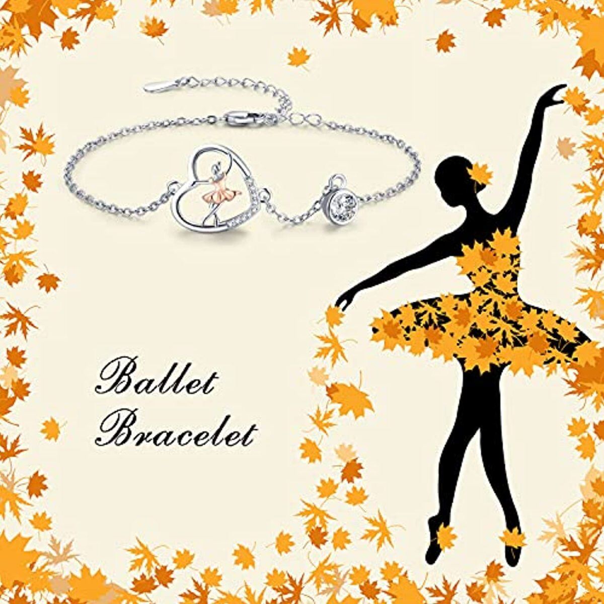 Sterling Silver Two-tone Cubic Zirconia Ballet Dancer & Heart Pendant Bracelet-4