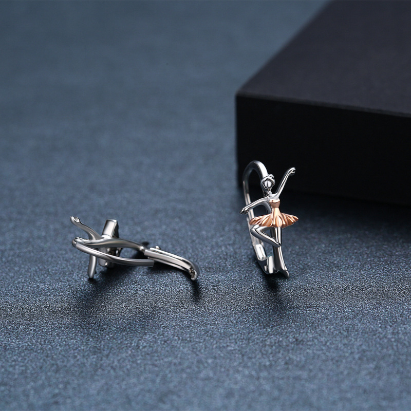 Brincos de prata esterlina com dois tons de bailarina e fecho de alavanca-4