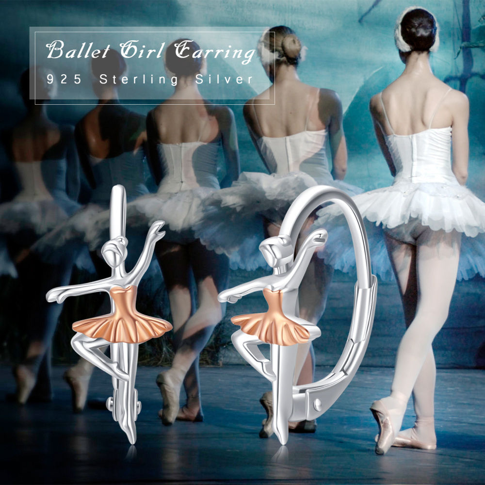 Sterling Silver Two-tone Ballet Dancer Lever-back Earrings-5