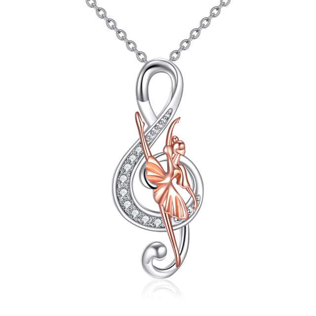 Sterling Silver Two-tone Cubic Zirconia Ballet Dancer & Music Symbol Pendant Necklace-1