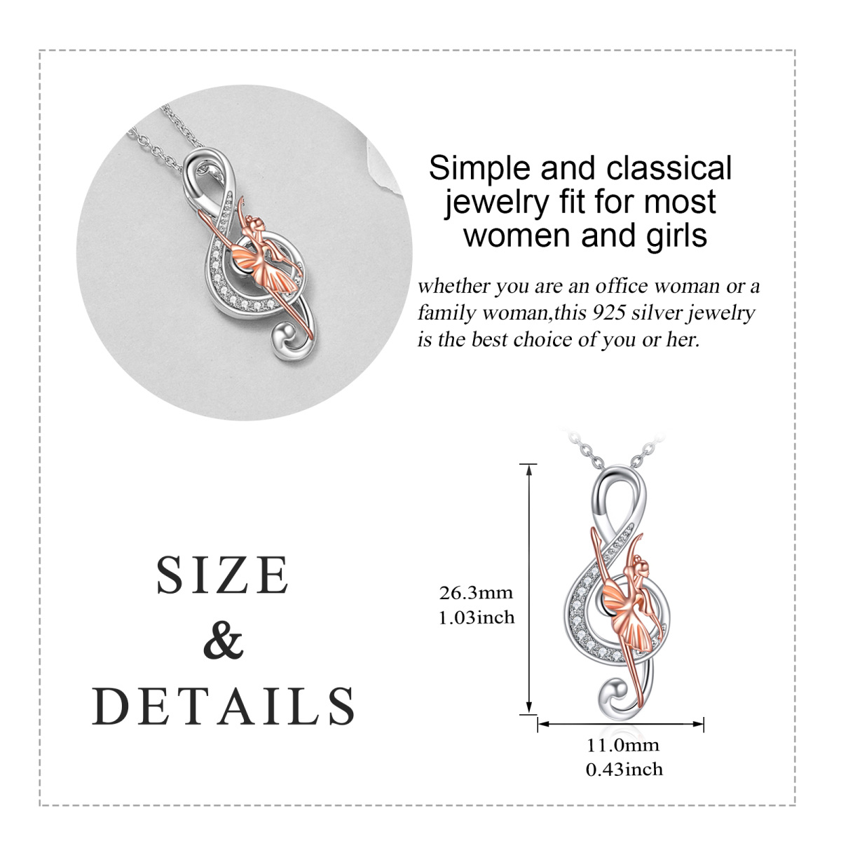 Srebrny, dwukolorowy naszyjnik z cyrkoniami Baletnica i symbol muzyki-5