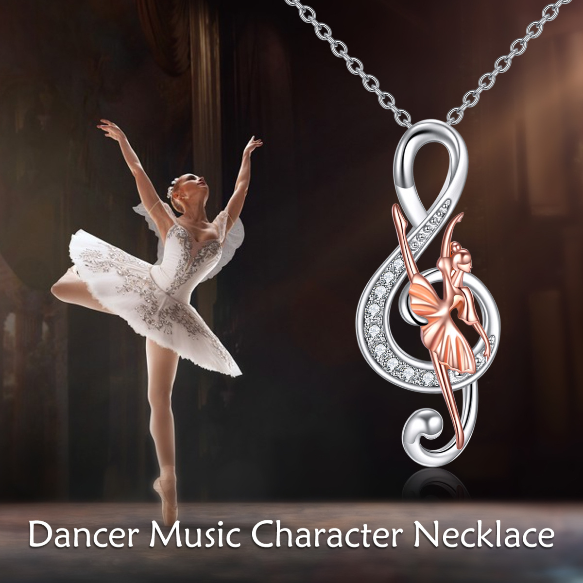 Collier avec pendentif symbole de musique de danseuse de ballet en argent sterling et oxyde de zirconium bicolore-6