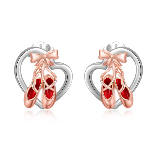 Sterling Silver Two-Tone Ballet Shoes Bow And Heart Stud Earrings For Women-3