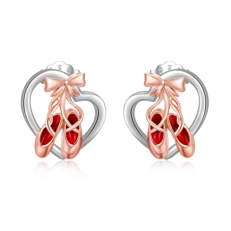 Sterling Silver Two-Tone Ballet Shoes Bow And Heart Stud Earrings For Women