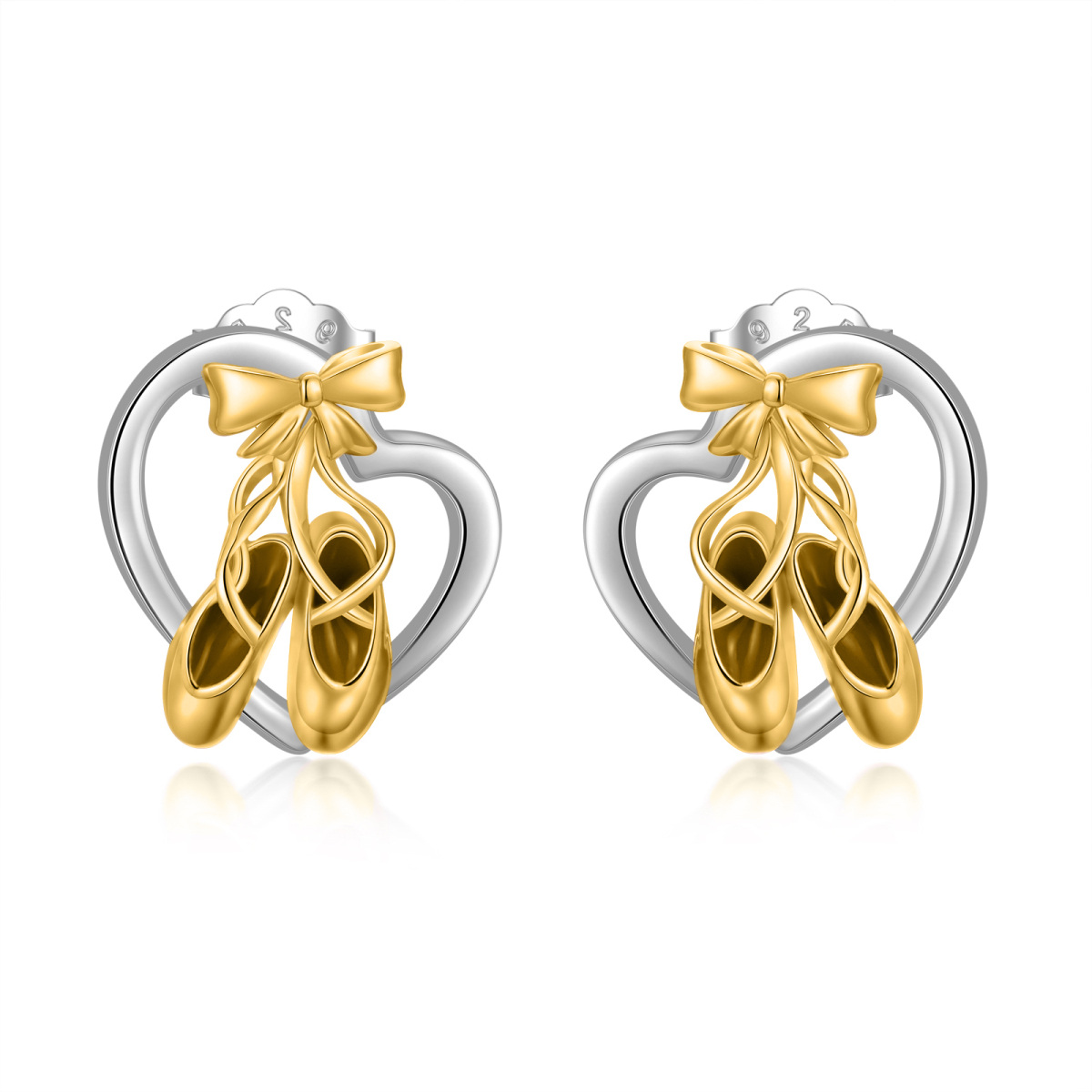Sterling Silver Two-Tone Ballet Shoes Bow And Heart Stud Earrings For Women-1
