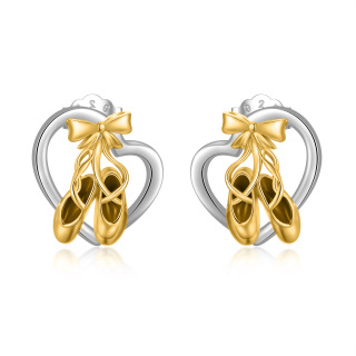 Sterling Silver Two-Tone Ballet Shoes Bow And Heart Stud Earrings For Women-15