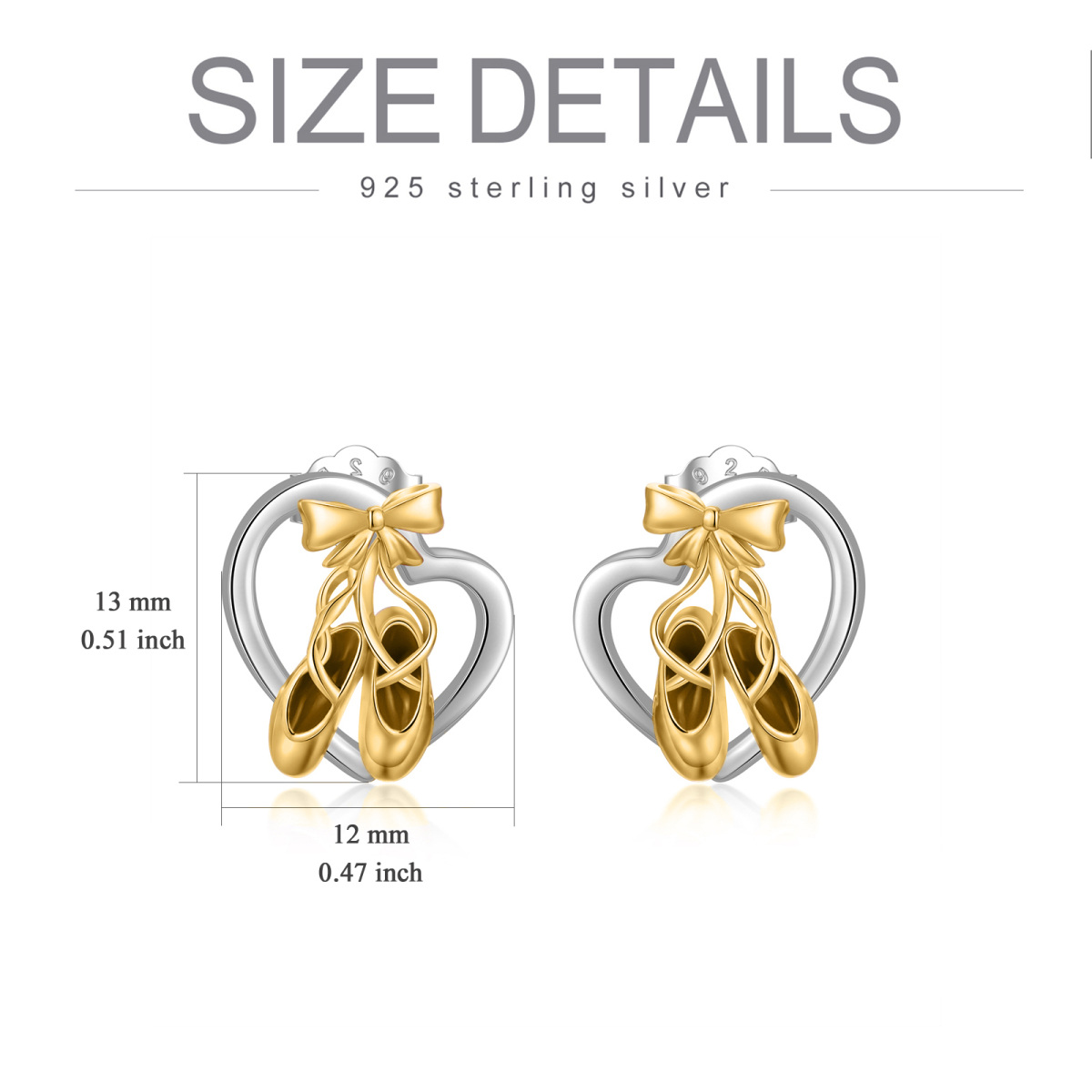 Sterling Silver Two-Tone Ballet Shoes Bow And Heart Stud Earrings For Women-3