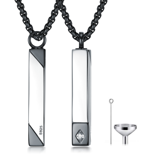 Sterling zilveren tweekleurige Cubic Zirconia Bar Cremation Urn ketting voor as voor manne-1