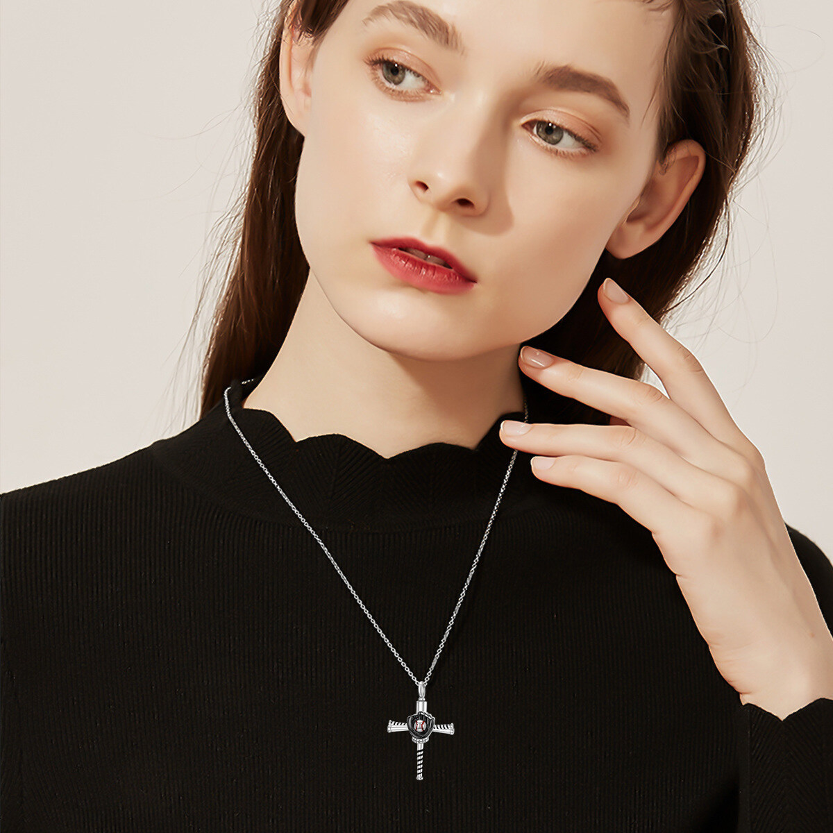 Sterling Silver Two-tone Baseball & Cross Urn Necklace for Ashes-3