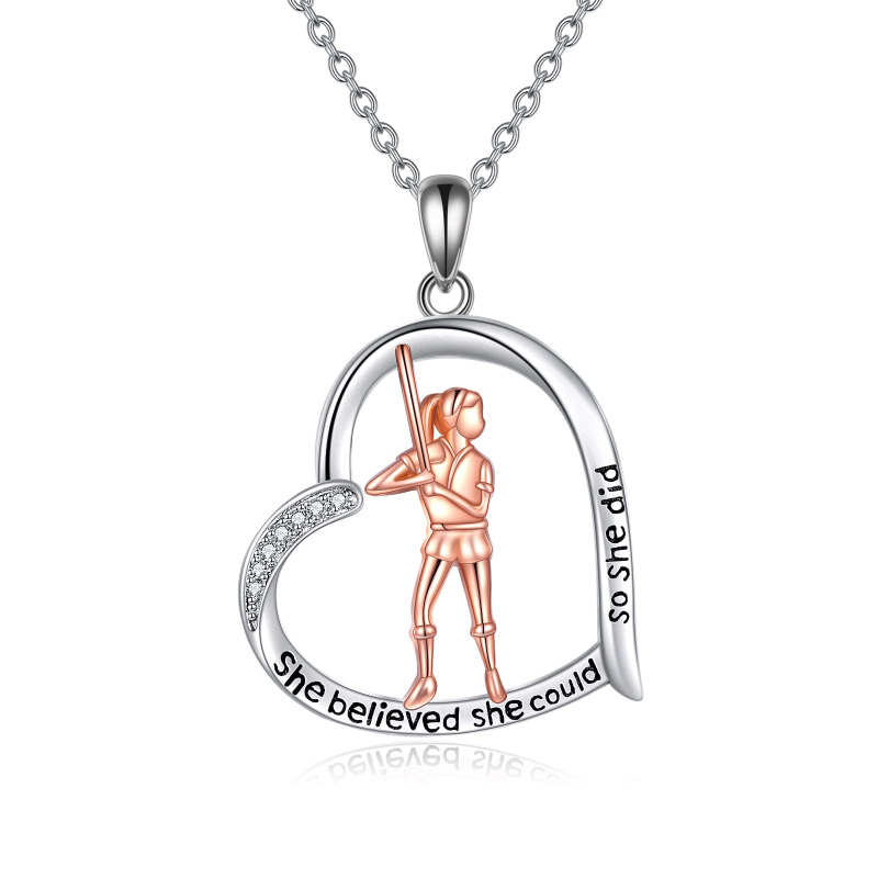 Sterling Silver Two-tone Cubic Zirconia Baseball & Heart Pendant Necklace with Engraved Word-6