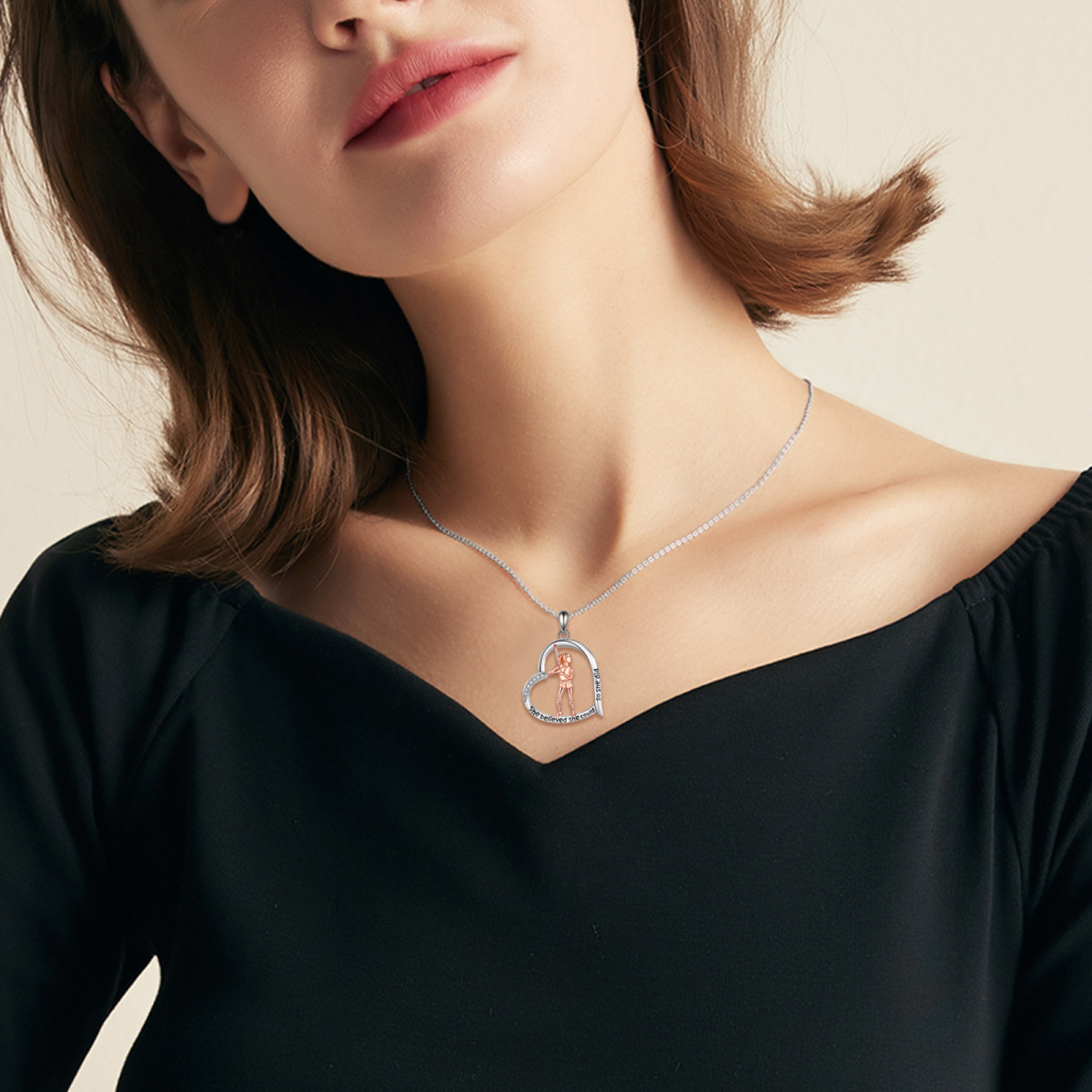 Collier en argent sterling avec pendentif baseball et coeur en zircon cubique bicolore ave-2