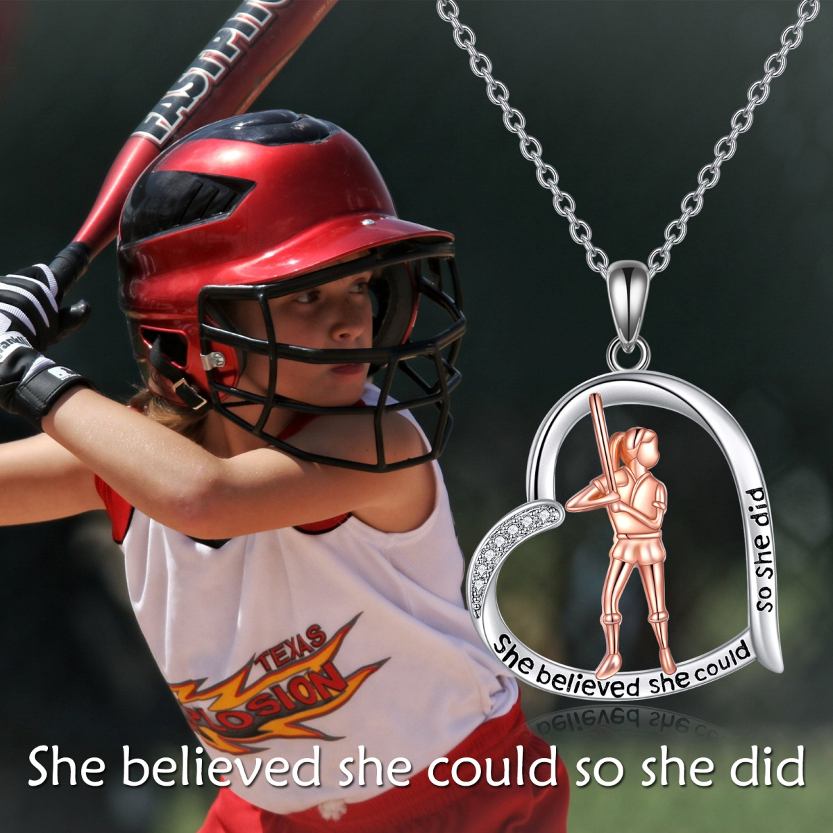 Sterling Silver Two-tone Cubic Zirconia Baseball & Heart Pendant Necklace with Engraved Word-3