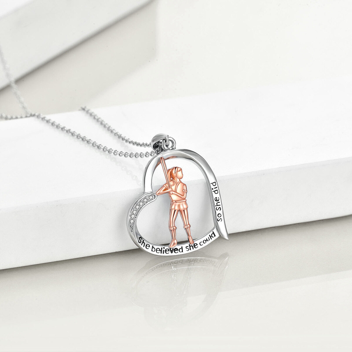 Sterling Silver Two-tone Cubic Zirconia Baseball & Heart Pendant Necklace with Engraved Word-4