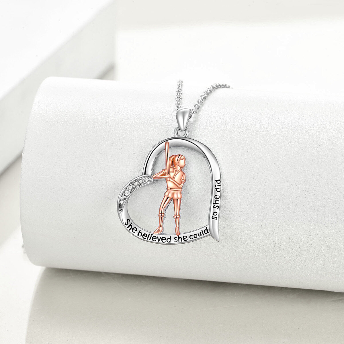 Sterling Silver Two-tone Cubic Zirconia Baseball & Heart Pendant Necklace with Engraved Word-5