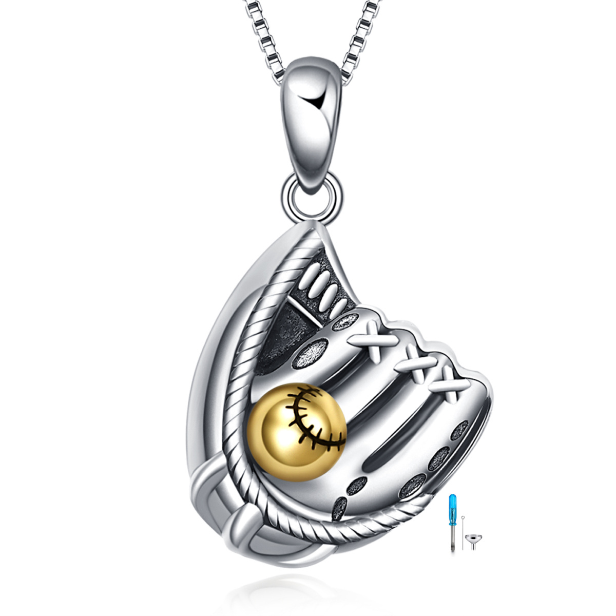 Collana con urna da baseball in argento sterling bicolore per le ceneri-1