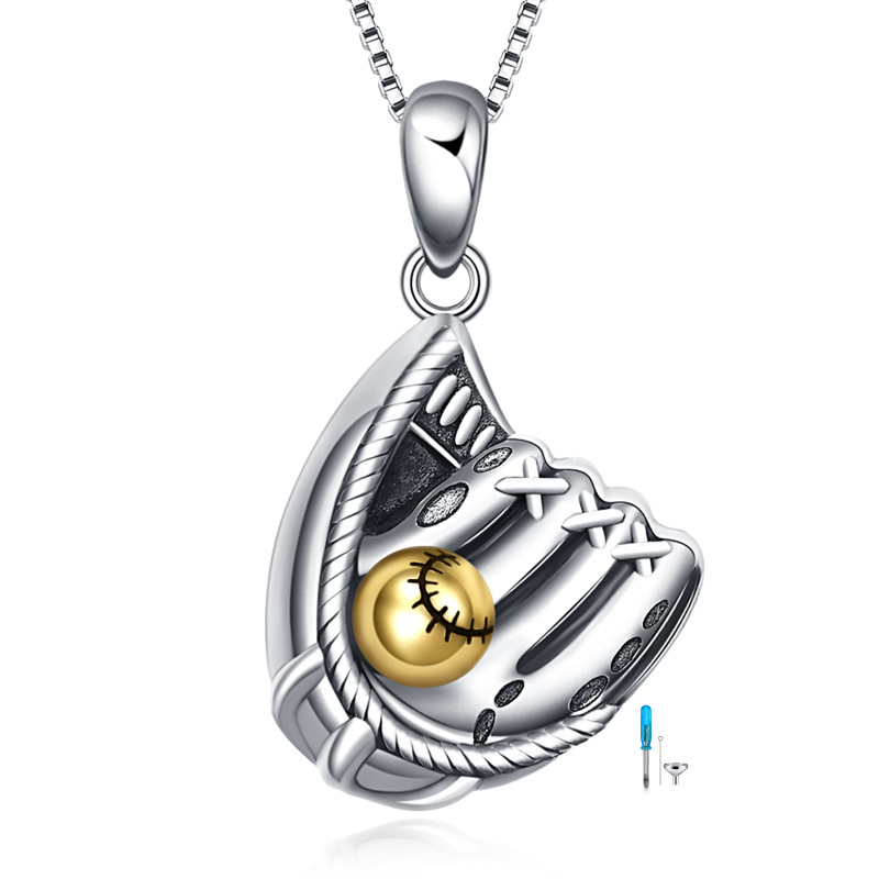 Collar de urna de béisbol de dos tonos de plata esterlina para cenizas-1