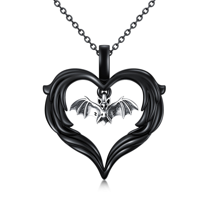 Sterling Silver Two-tone Bat & Heart Pendant Necklace-2