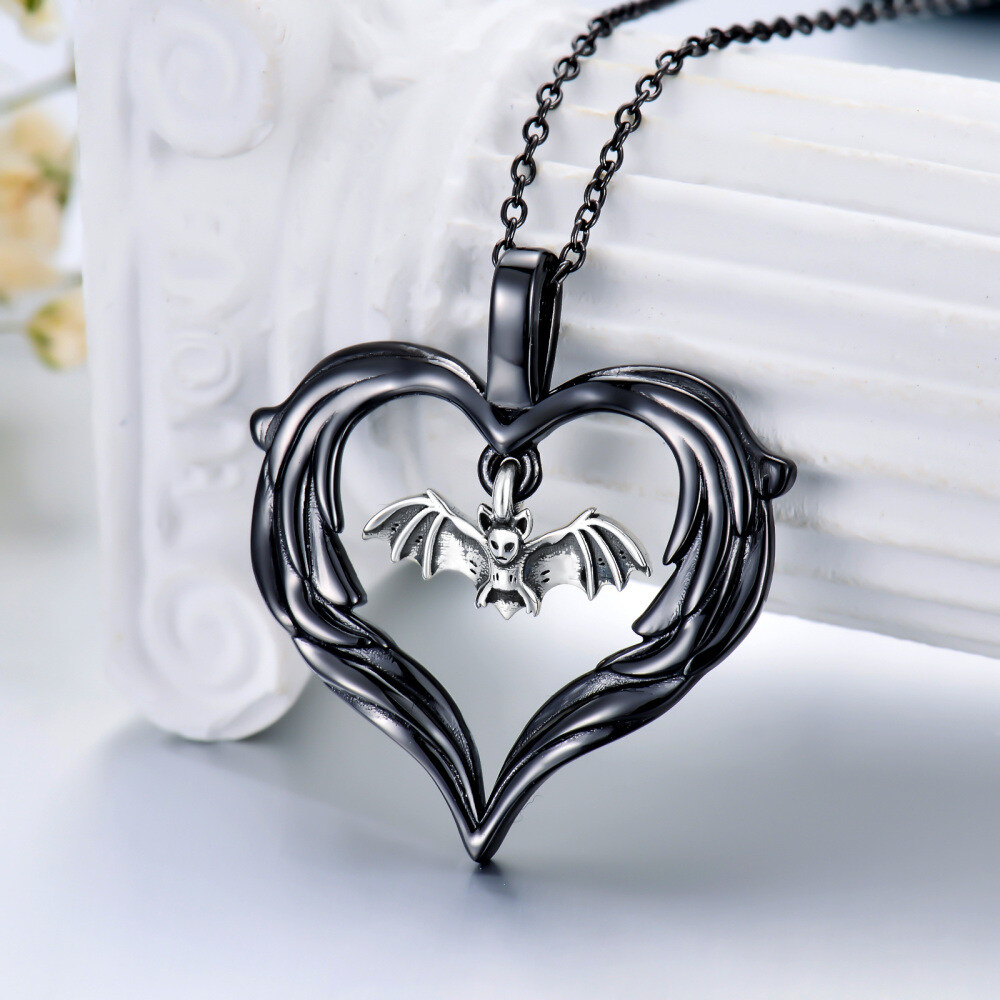 Sterling Silver Two-tone Bat & Heart Pendant Necklace-4