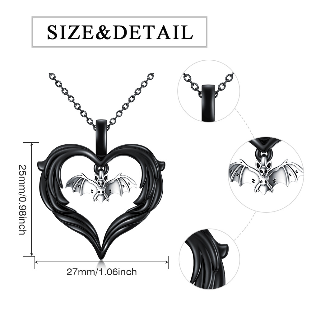 Sterling Silver Two-tone Bat & Heart Pendant Necklace-5