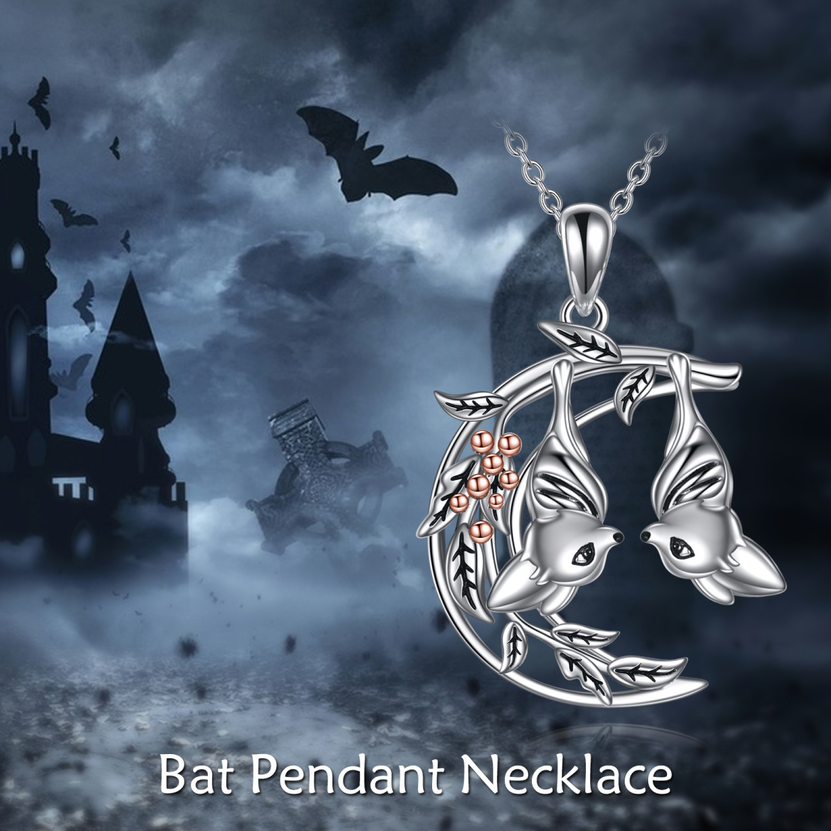 Collier en argent sterling avec pendentif chauve-souris bicolore-3