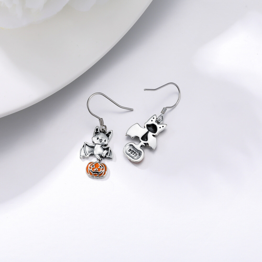 Sterling Silver Two-tone Bat & Pumpkin Cute Halloween Jewelry Dangle Drop Earrings-2