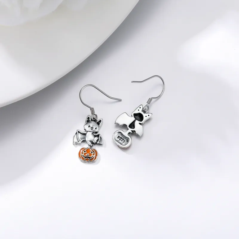 أقراط متدلية من حُلي هالوين لطيفة على شكل خفاش وقرع بلونين من الفضة الاسترلينية-3